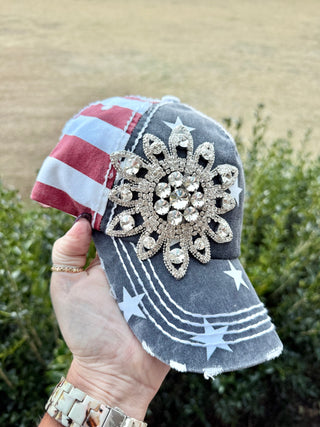 Madison Patriotic Crystal Embellished Fashion Baseball Hat - Shabby To Chic Jewelry