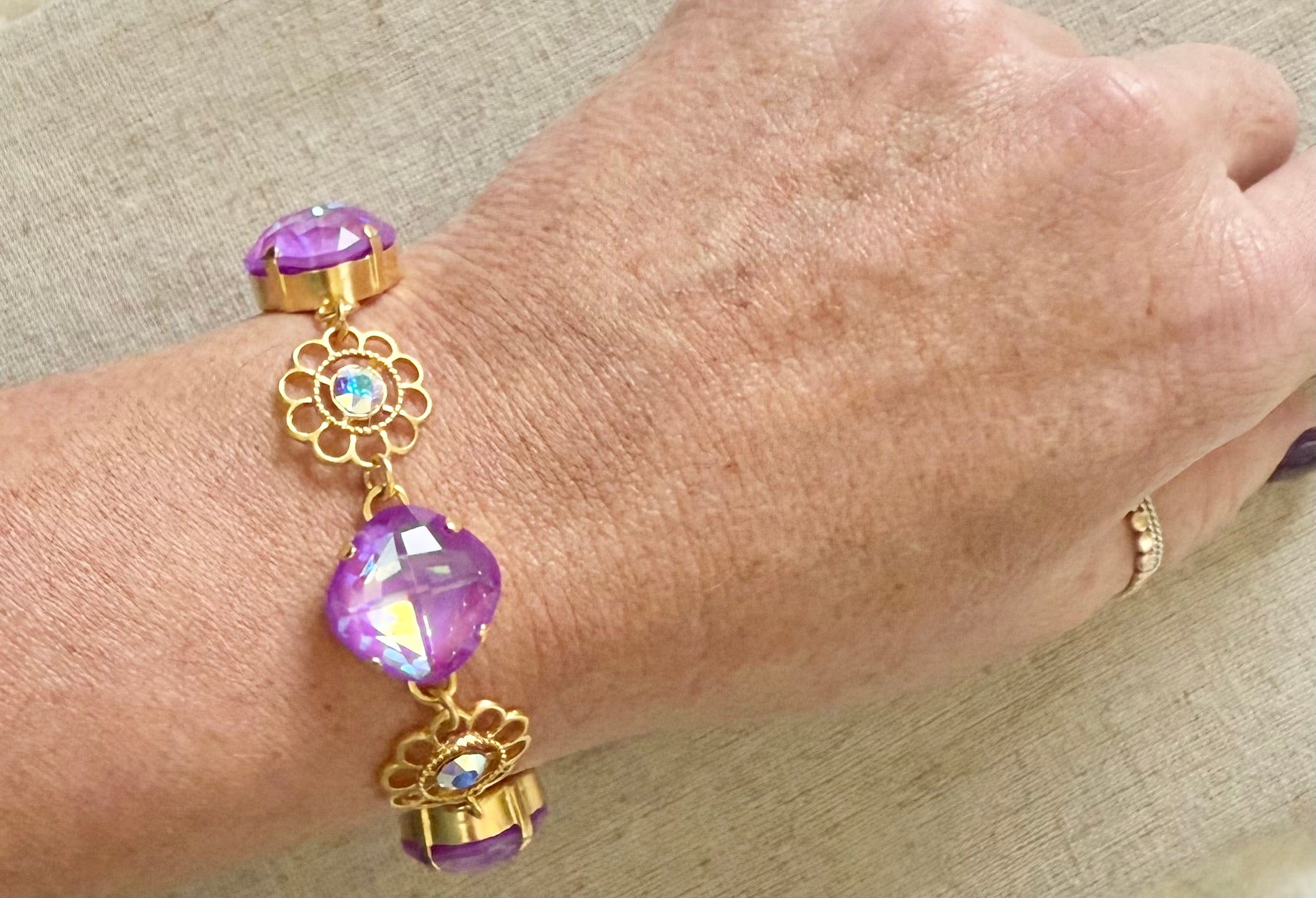 Lola Purple Square Cut Flower Crystal Bracelet - Shabby To Chic Jewelry