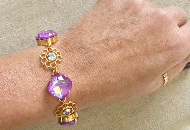 Lola Purple Square Cut Flower Crystal Bracelet - Shabby To Chic Jewelry