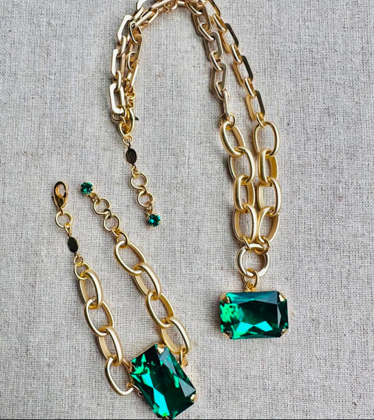 Chloe Green Rectangle Cut Pendant Crystal Necklace and Bracelet Set - Shabby To Chic Jewelry