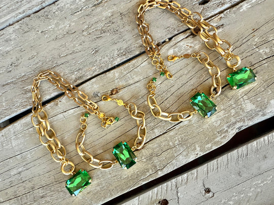 Chloe Green Rectangle Cut Pendant Crystal Necklace and Bracelet Set - Shabby To Chic Jewelry