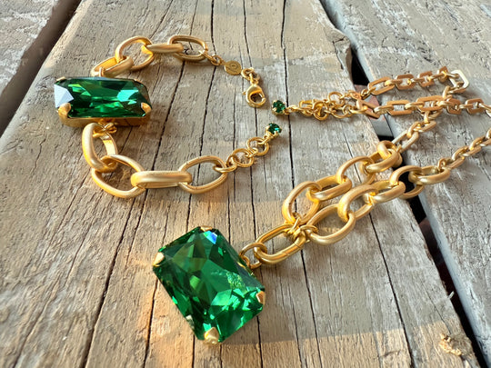 Chloe Green Rectangle Cut Pendant Crystal Necklace and Bracelet Set - Shabby To Chic Jewelry