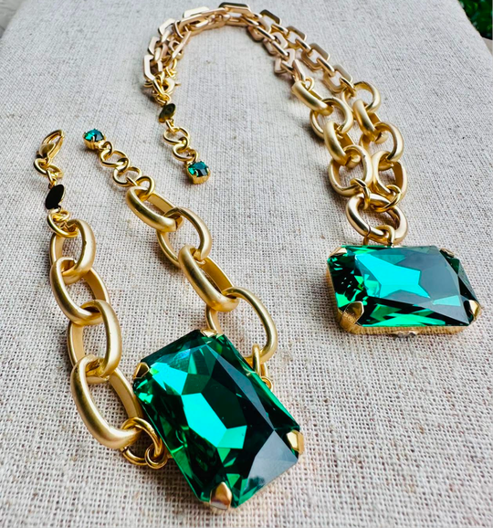 Chloe Green Rectangle Cut Pendant Crystal Necklace and Bracelet Set - Shabby To Chic Jewelry