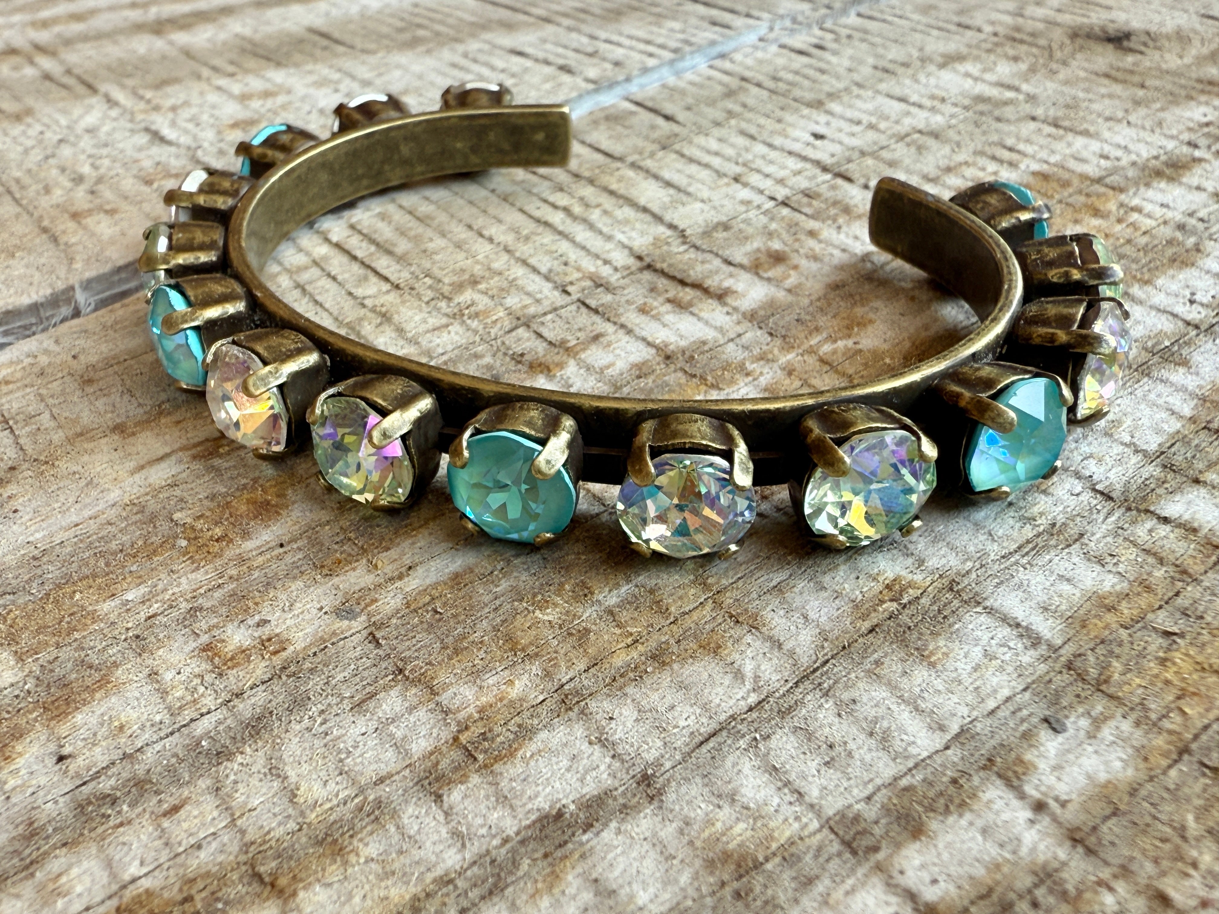 Elena Antique Gold Green Crystal Cuff Bracelet - Shabby To Chic Jewelry