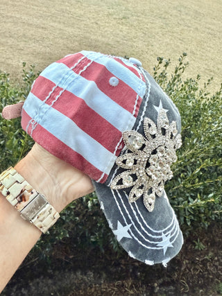 Madison Patriotic Crystal Embellished Fashion Baseball Hat - Shabby To Chic Jewelry