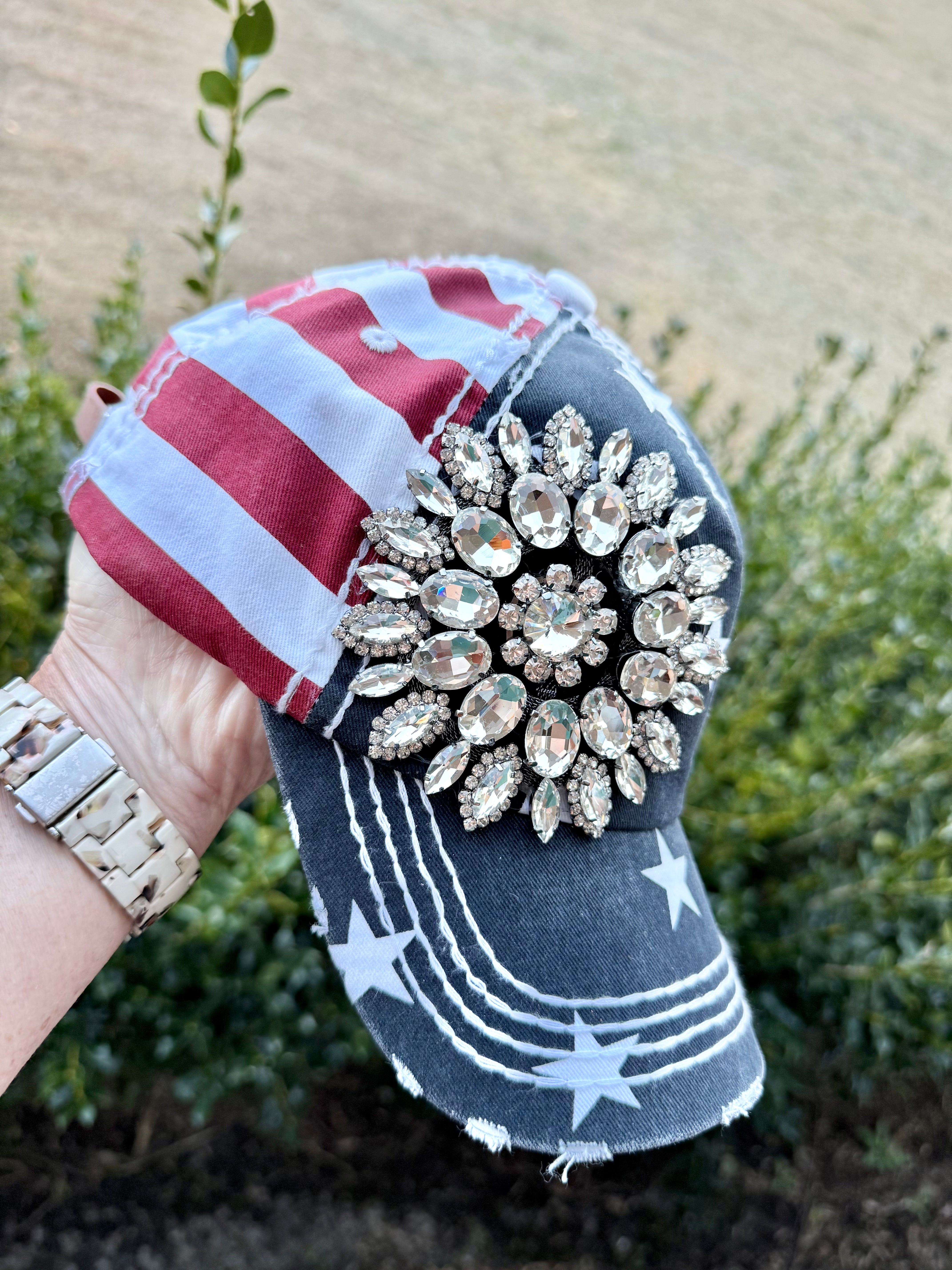 Logan Patriotic Crystal Embellished Baseball Hat - Shabby To Chic Jewelry