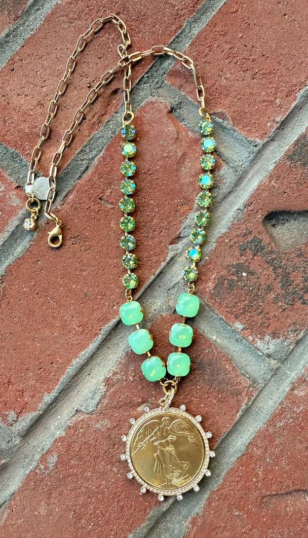 Jade Liberty Coin Pendant Crystal Necklace - Shabby To Chic Jewelry