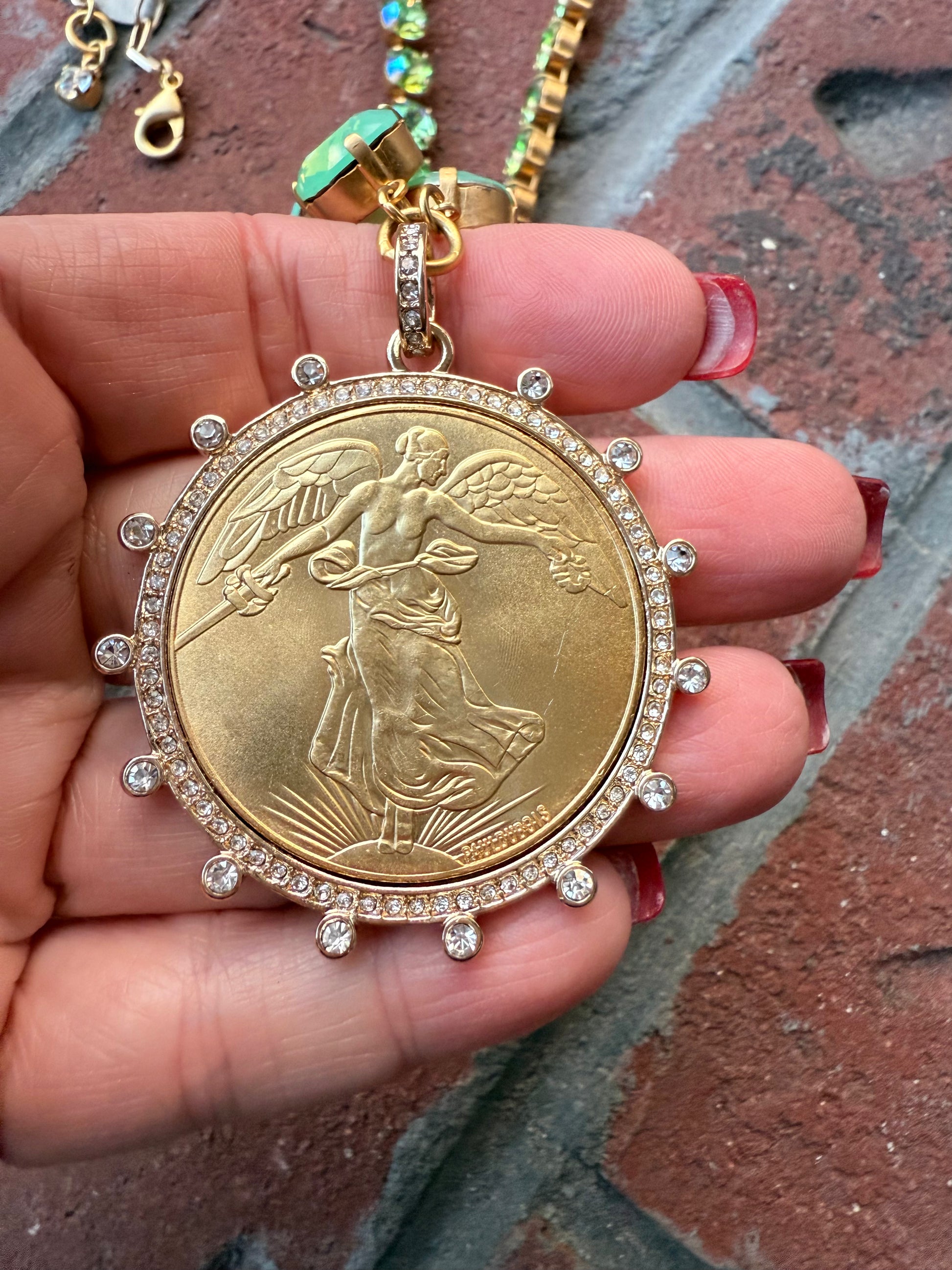 Jade Liberty Coin Pendant Crystal Necklace - Shabby To Chic Jewelry