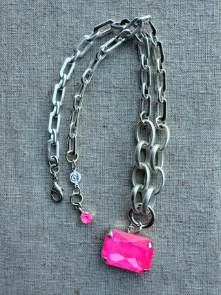 Stella Hot Pink Rectangle Pendant Crystal Necklace - Shabby To Chic Jewelry