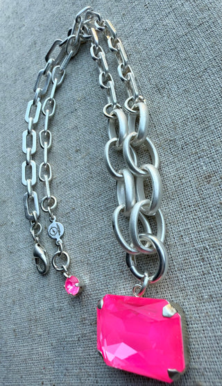 Stella Hot Pink Rectangle Pendant Crystal Necklace - Shabby To Chic Jewelry