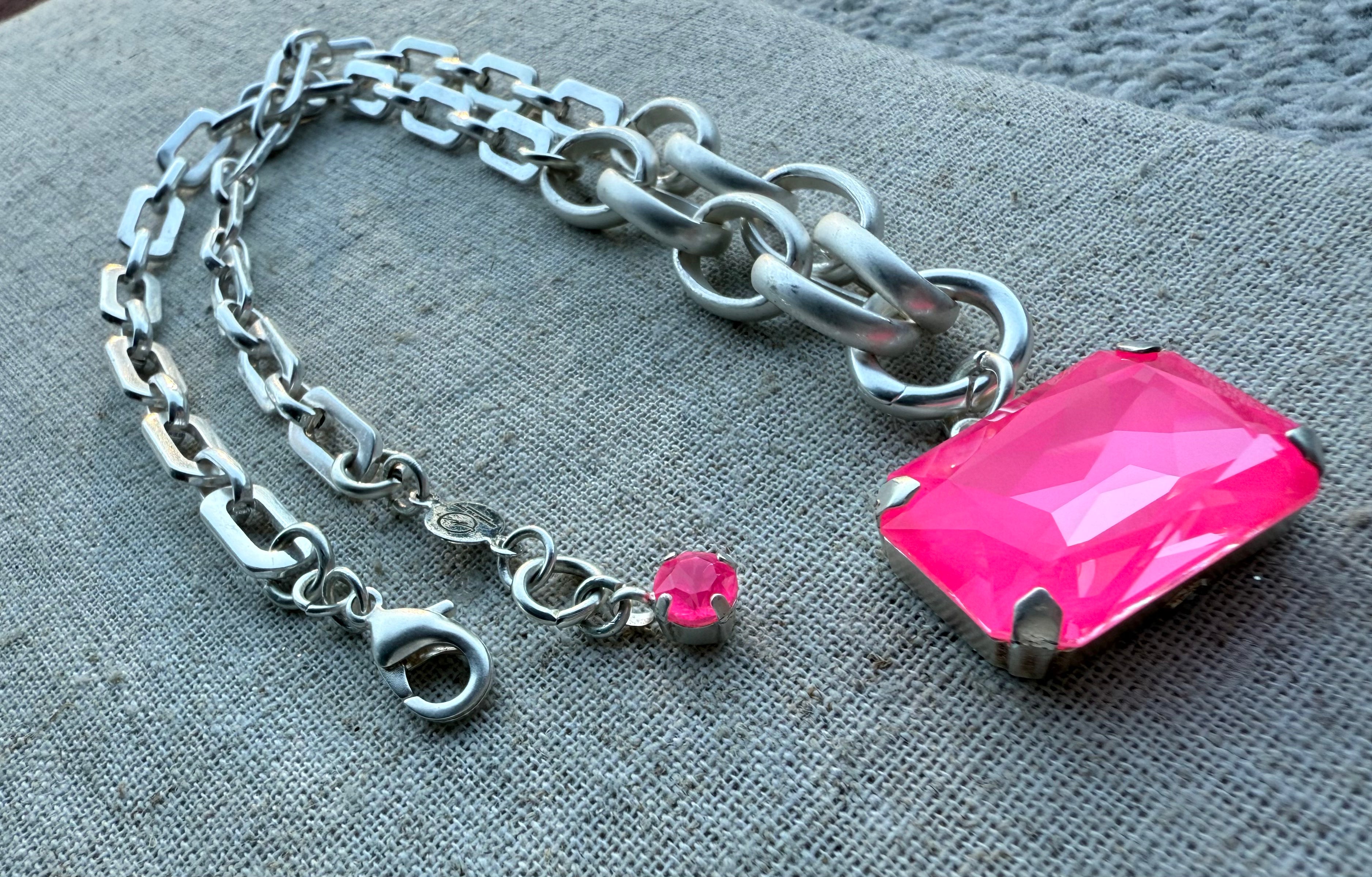 Stella Hot Pink Rectangle Pendant Crystal Necklace - Shabby To Chic Jewelry