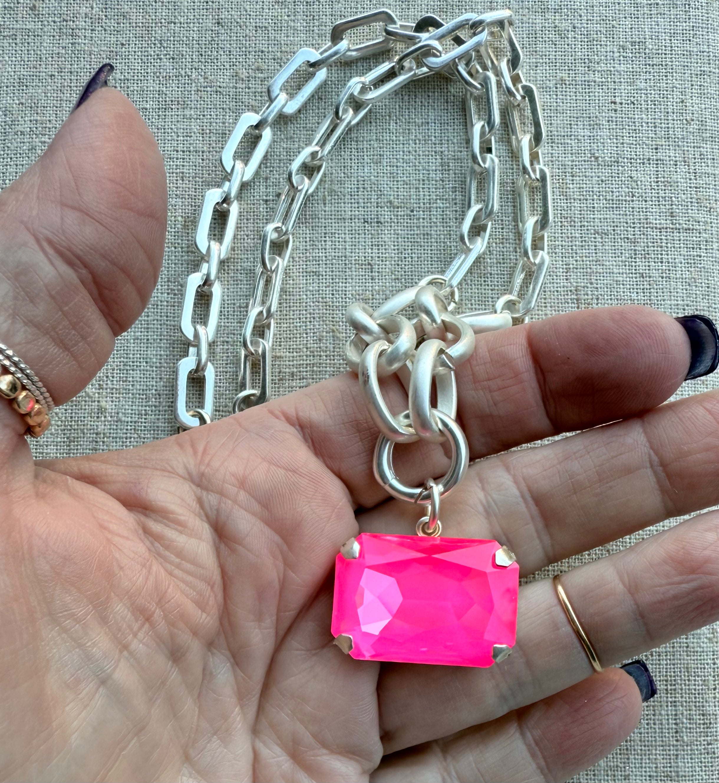 Stella Hot Pink Rectangle Pendant Crystal Necklace - Shabby To Chic Jewelry