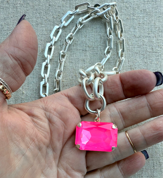 Stella Hot Pink Rectangle Pendant Crystal Necklace - Shabby To Chic Jewelry