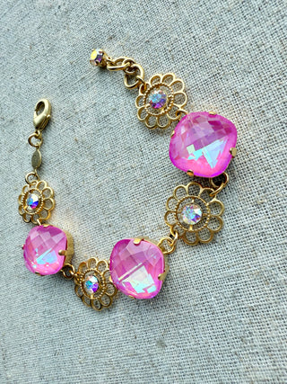 Payton Pink Square Cut Crystal Flower Bracelet - Shabby To Chic Jewelry