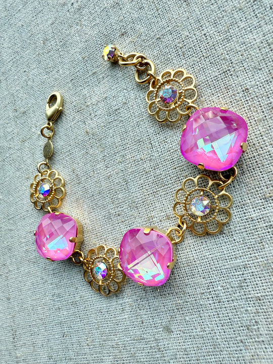 Payton Pink Square Cut Crystal Flower Bracelet - Shabby To Chic Jewelry
