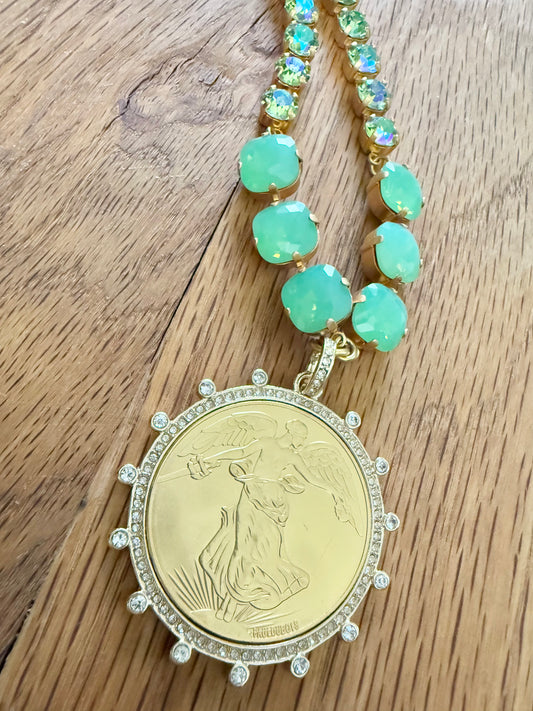 Jade Liberty Coin Pendant Crystal Necklace - Shabby To Chic Jewelry