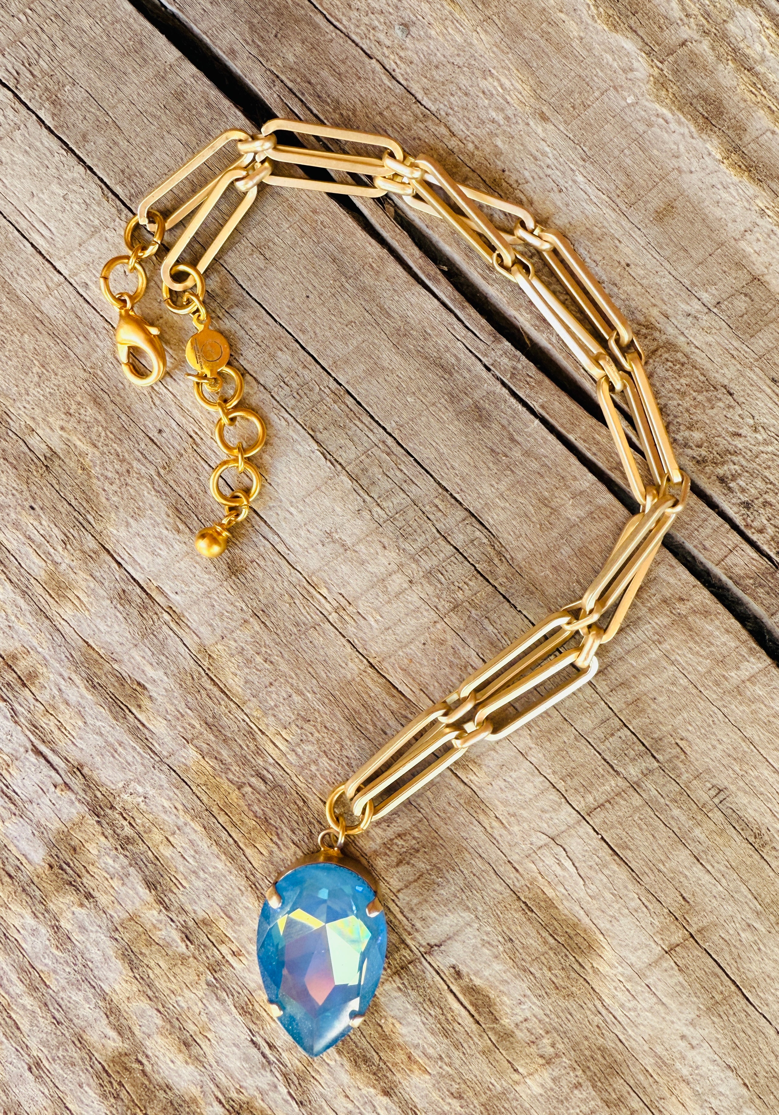 Marlene Pear Cut Blue Iridescent Crystal Pendant Necklace - Shabby To Chic Jewelry