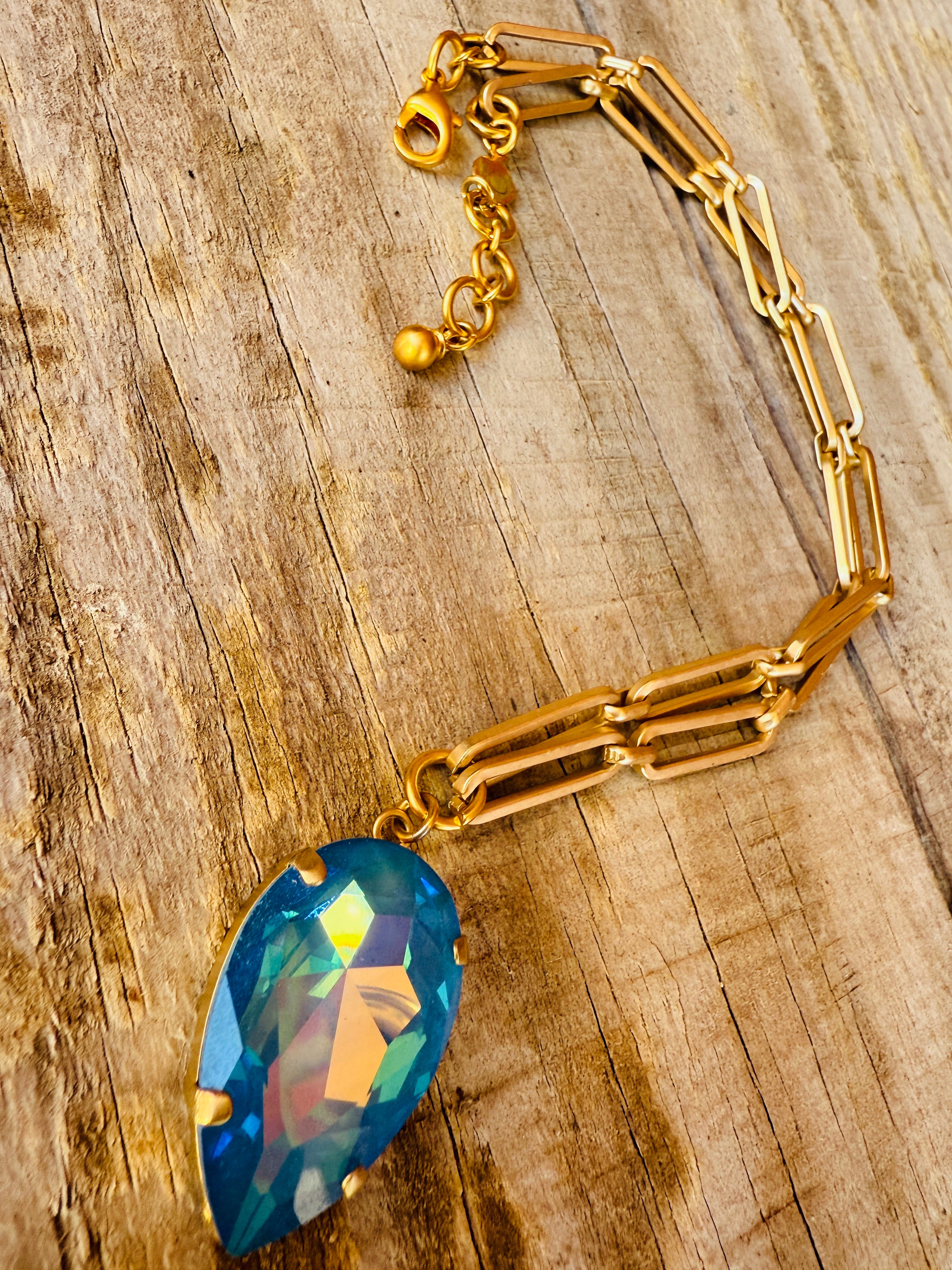 Marlene Pear Cut Blue Iridescent Crystal Pendant Necklace - Shabby To Chic Jewelry