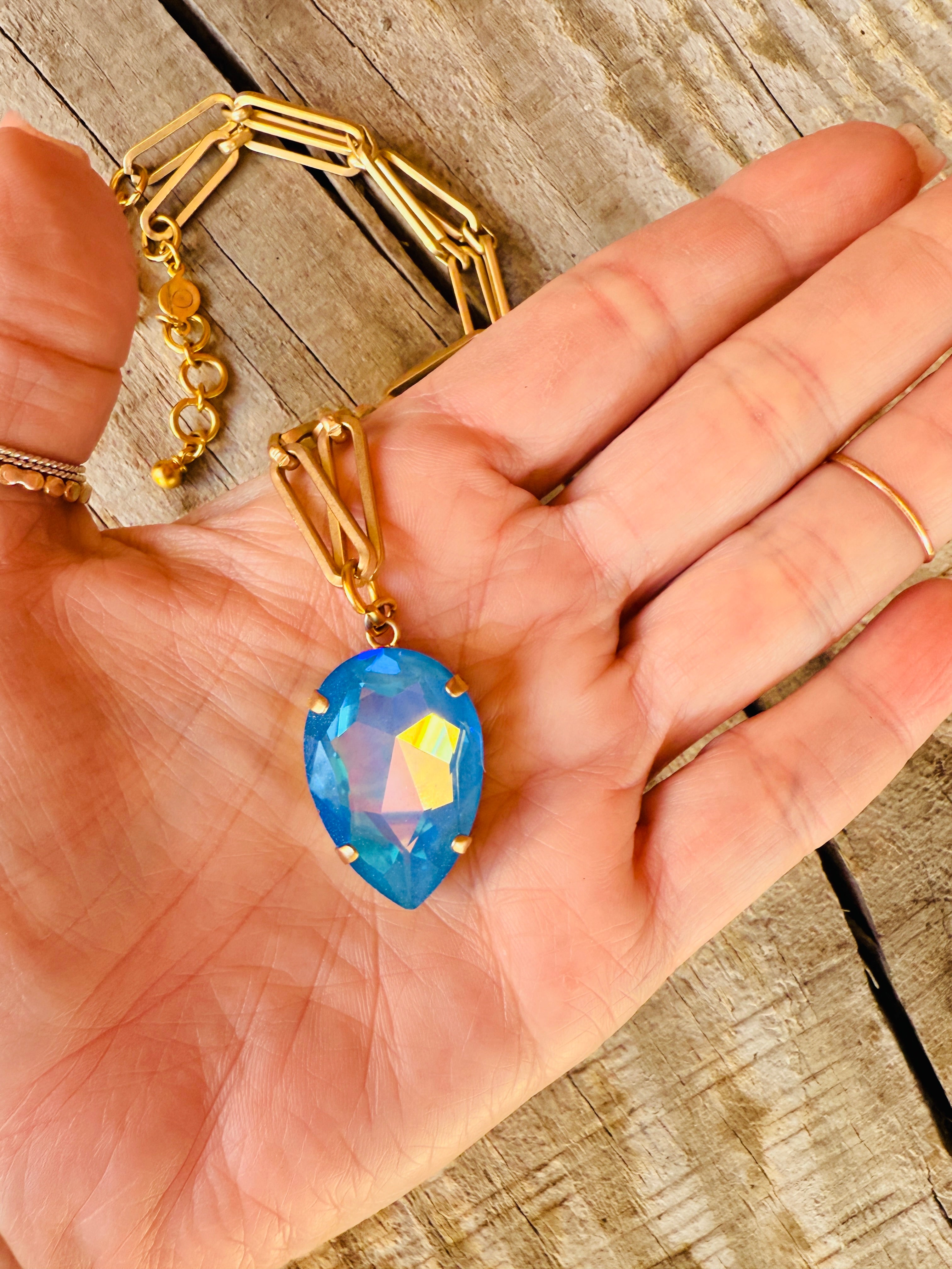 Marlene Pear Cut Blue Iridescent Crystal Pendant Necklace - Shabby To Chic Jewelry