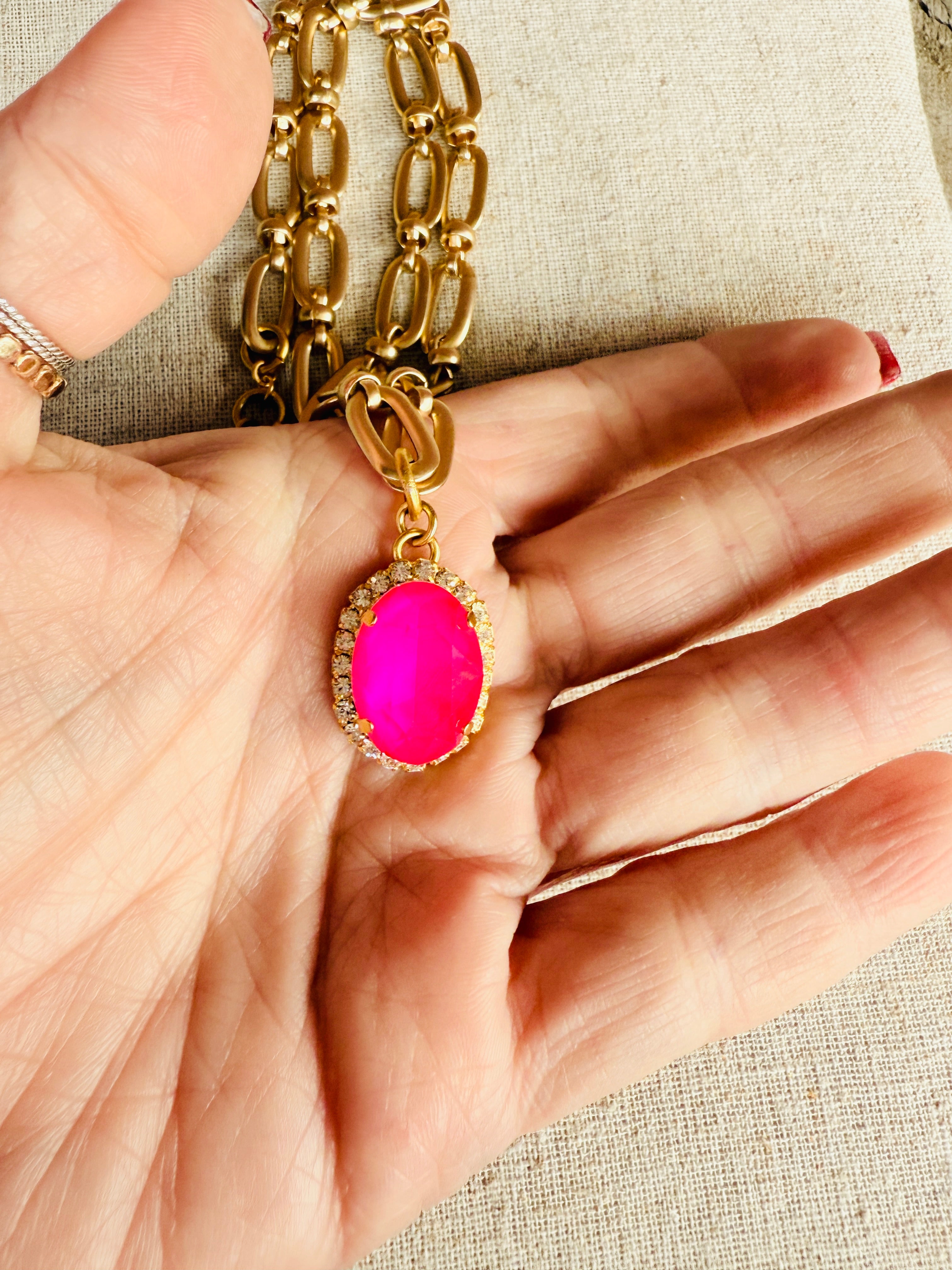 Amiya Pink Oval Cut Link Necklace - Shabby To Chic Jewelry