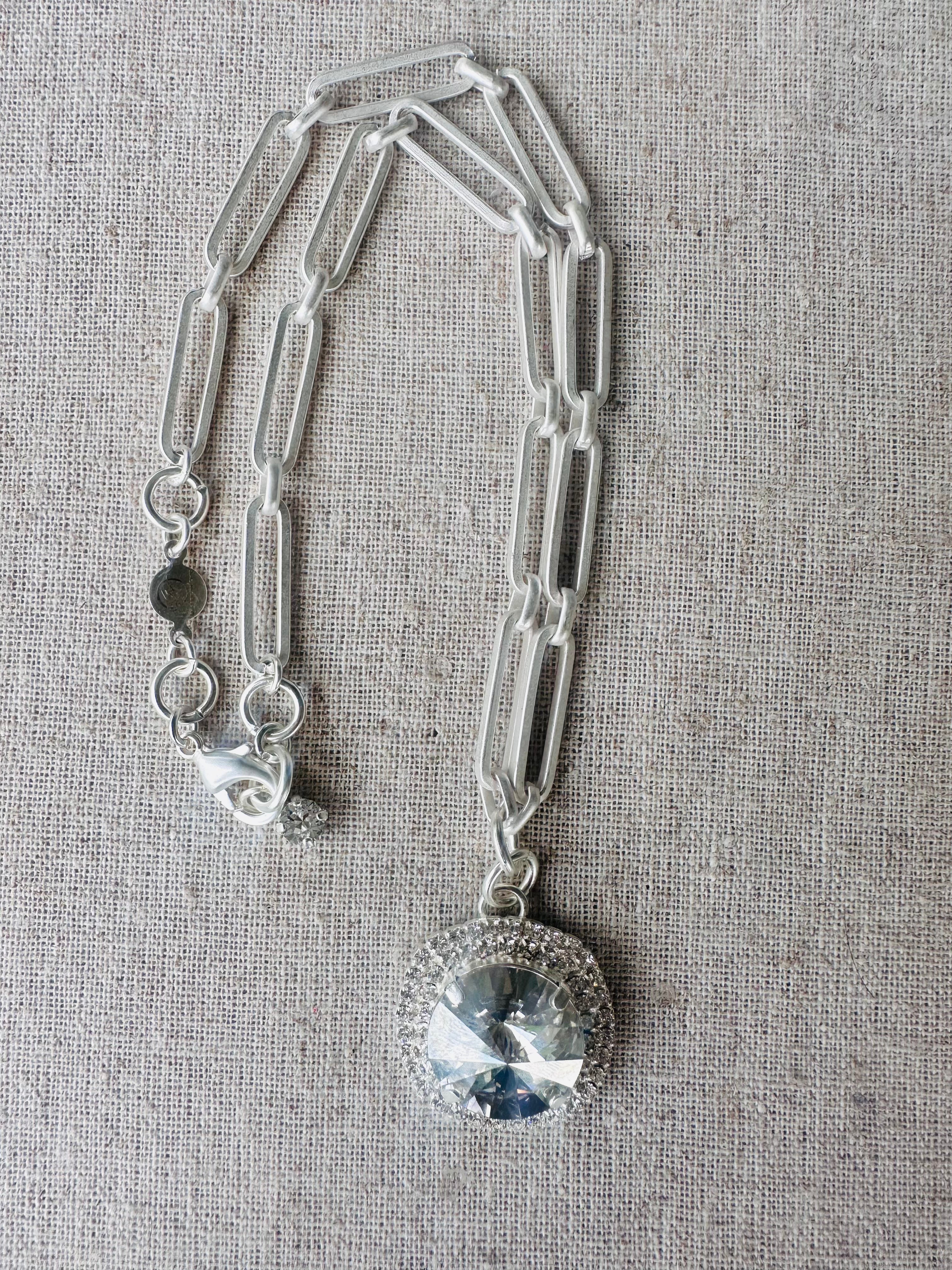 Callie Crystal Pendant Halo Framed Silver Necklace - Shabby To Chic Jewelry