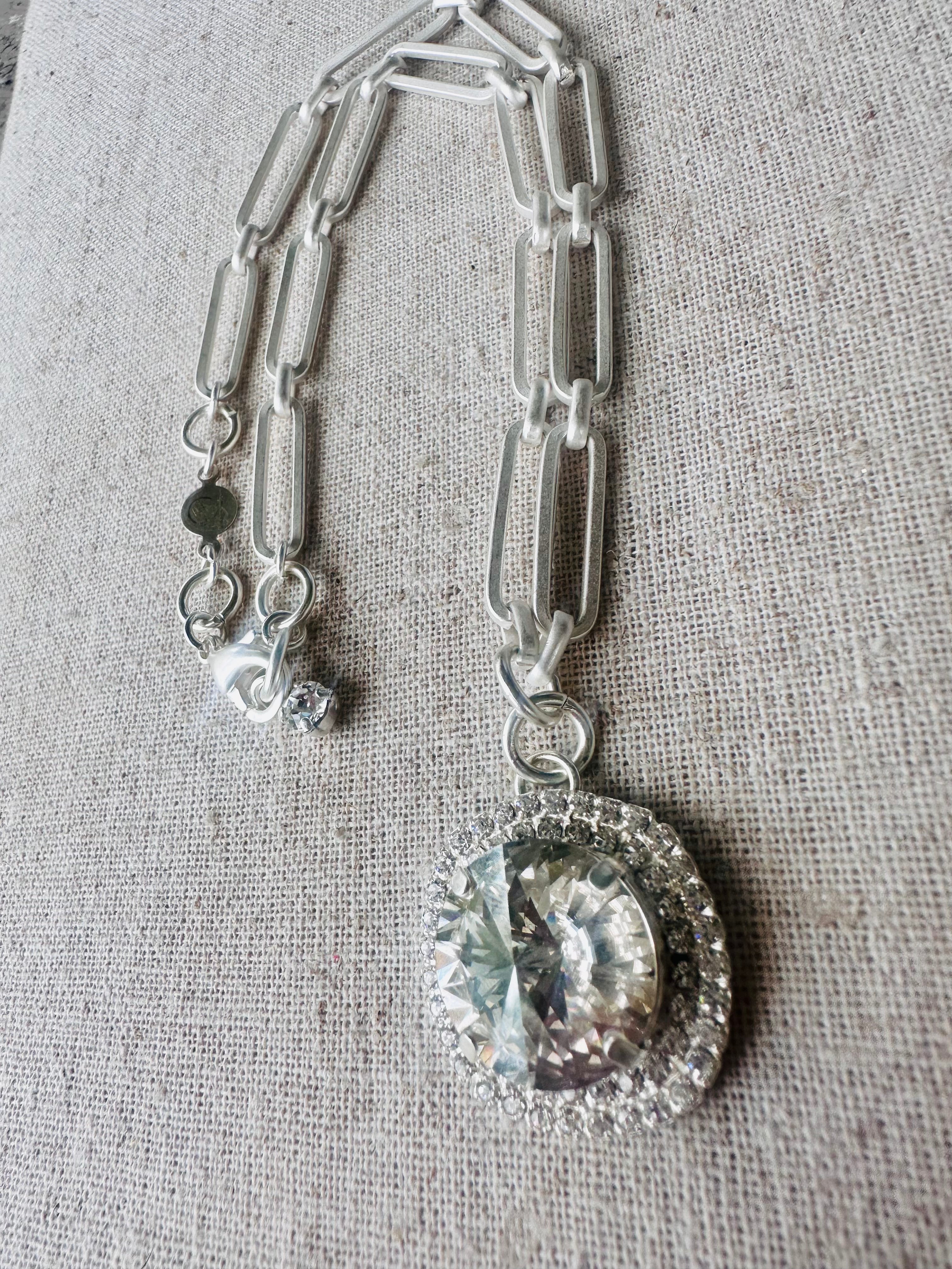 Callie Crystal Pendant Halo Framed Silver Necklace - Shabby To Chic Jewelry