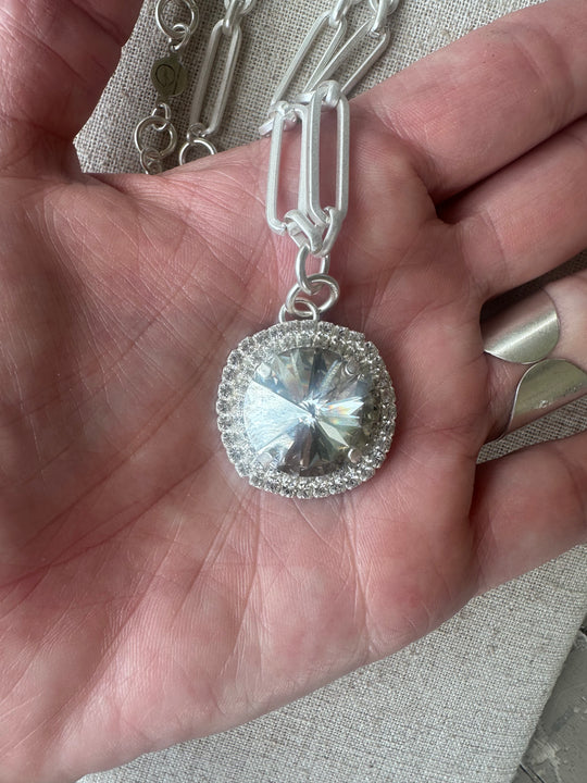 Callie Crystal Pendant Halo Framed Silver Necklace - Shabby To Chic Jewelry