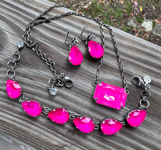 Stella Hot Pink Rectangle Pendant Crystal Necklace - Shabby To Chic Jewelry